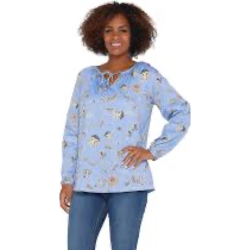 Martha Stewart Tie Neck Peasant Blouse XL Blue Floral L/SL Boho Coastal